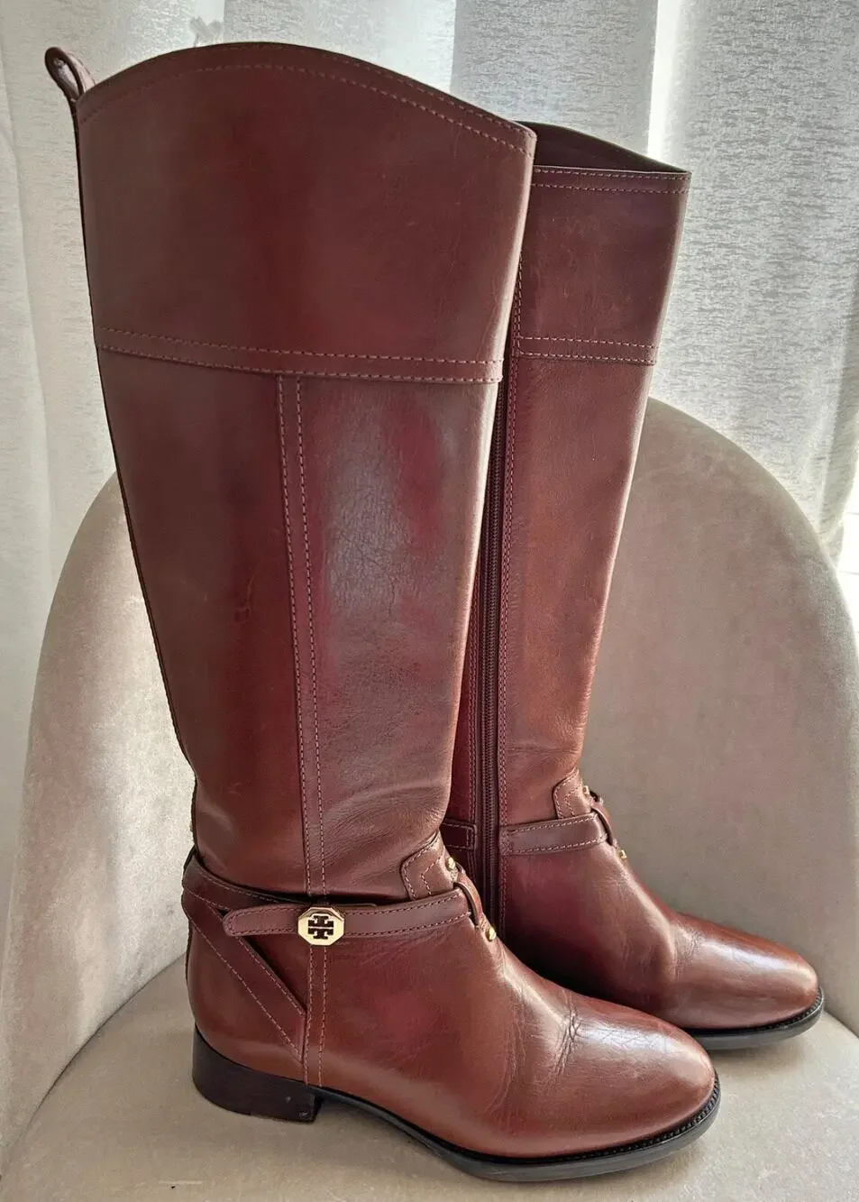 Tory Burch Brita Brown Leather Riding Boots 22138519, Side Zip, Size 6.5M